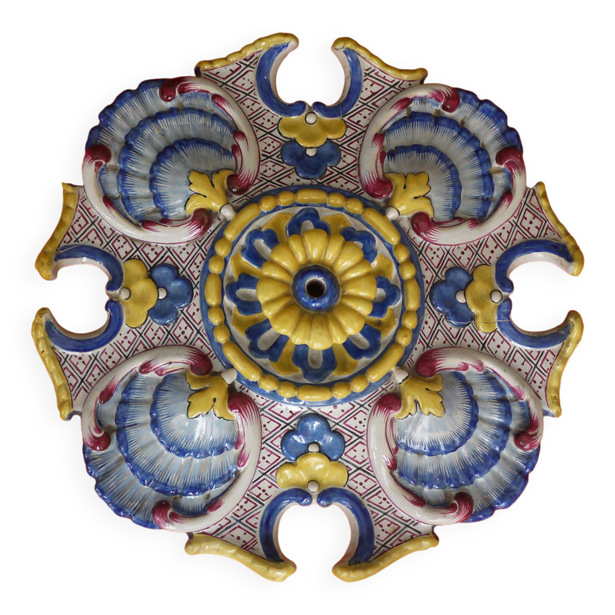 Ceiling light or rosette in enamelled ceramic from the end of the 19th century.