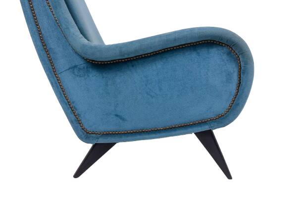 Blue velvet armchair, beech base. 1950s.