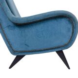 Blue velvet armchair, beech base. 1950s.