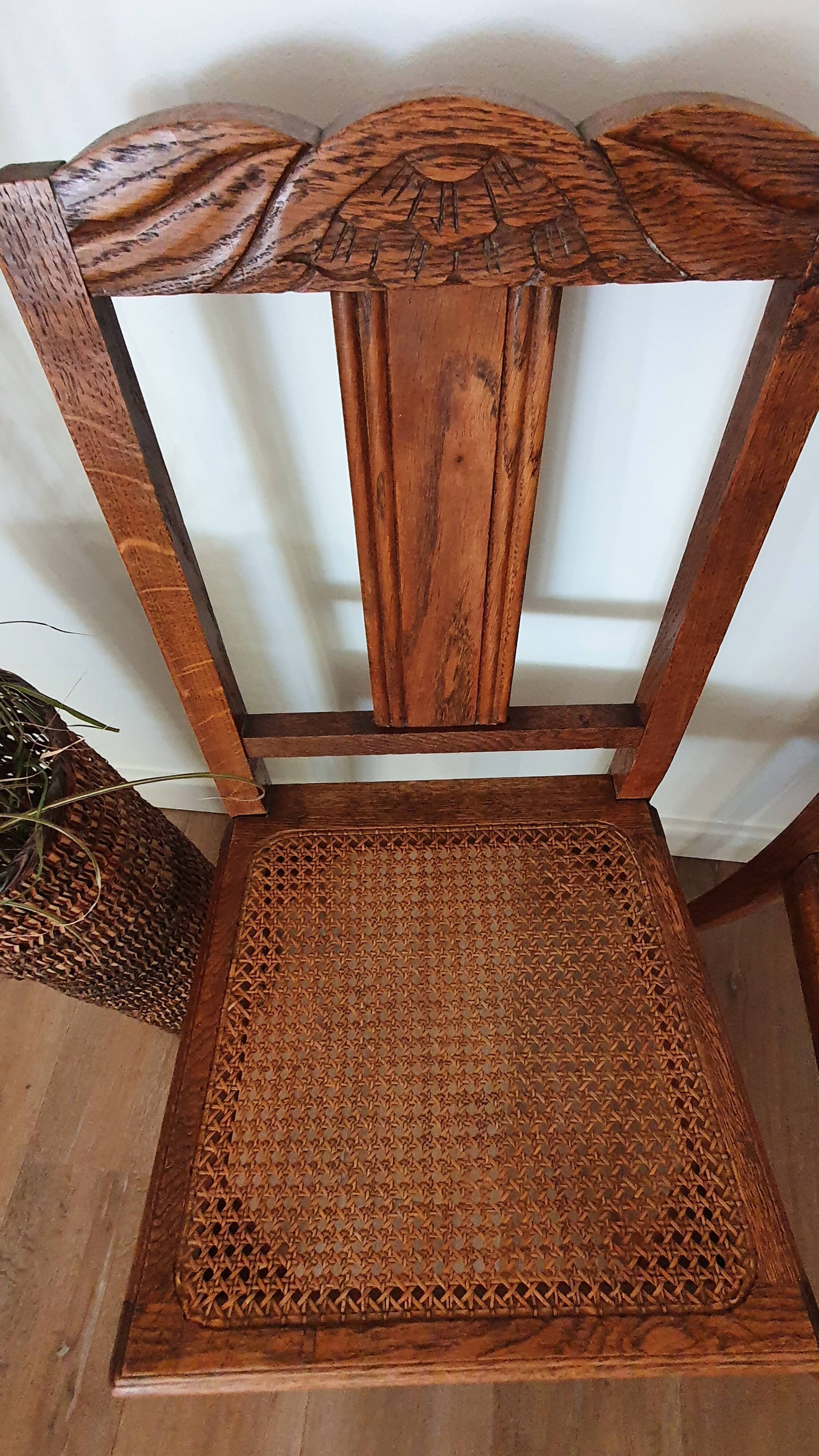 Pair of wooden chairs and Art Deco canning
