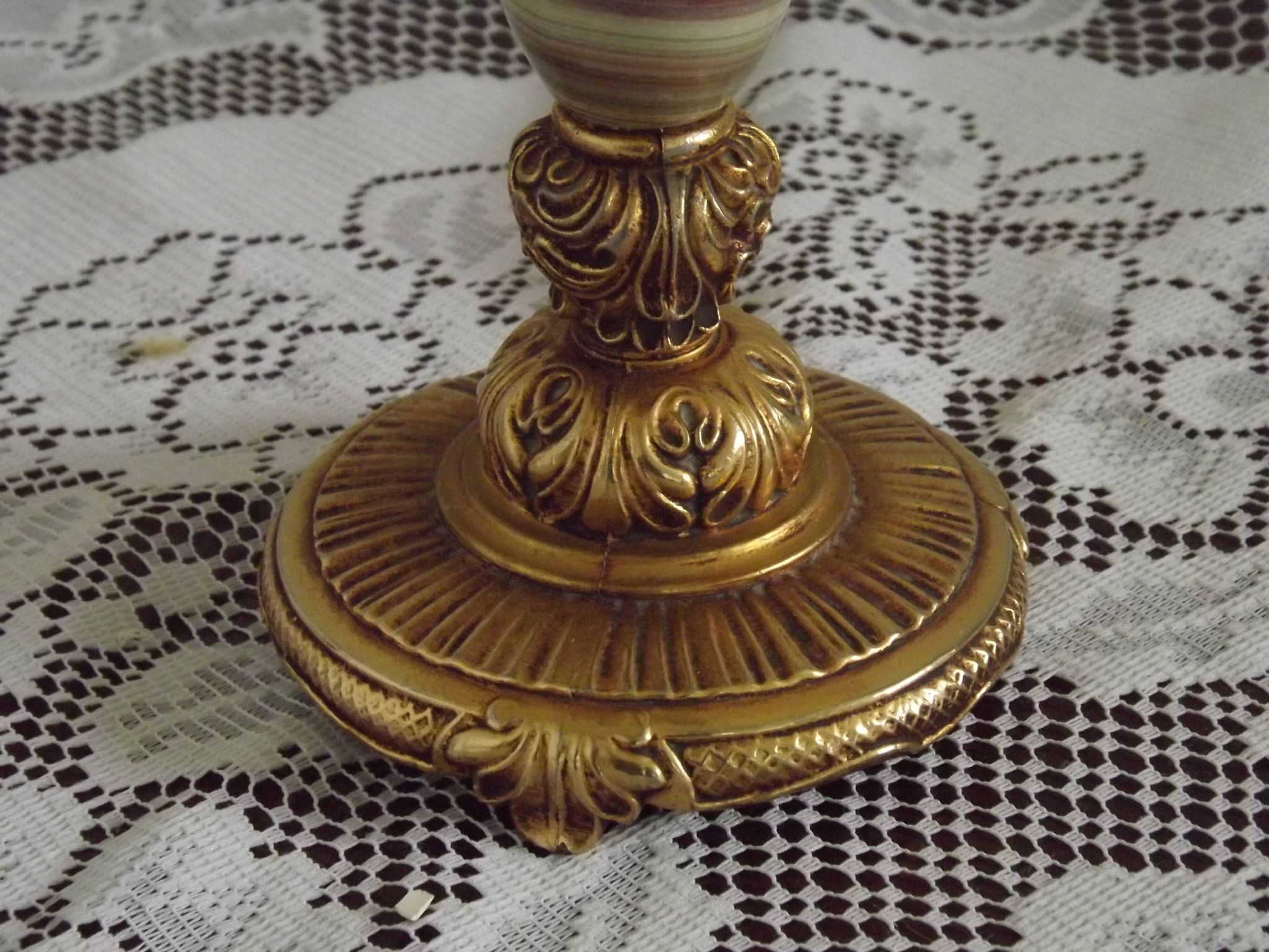 Vintage French Round Brass and Onyx Table Lamp With Cream Fringed Shade