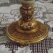 Vintage French Round Brass and Onyx Table Lamp With Cream Fringed Shade
