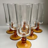 Set of 6 champagne flutes with amber foot 70s