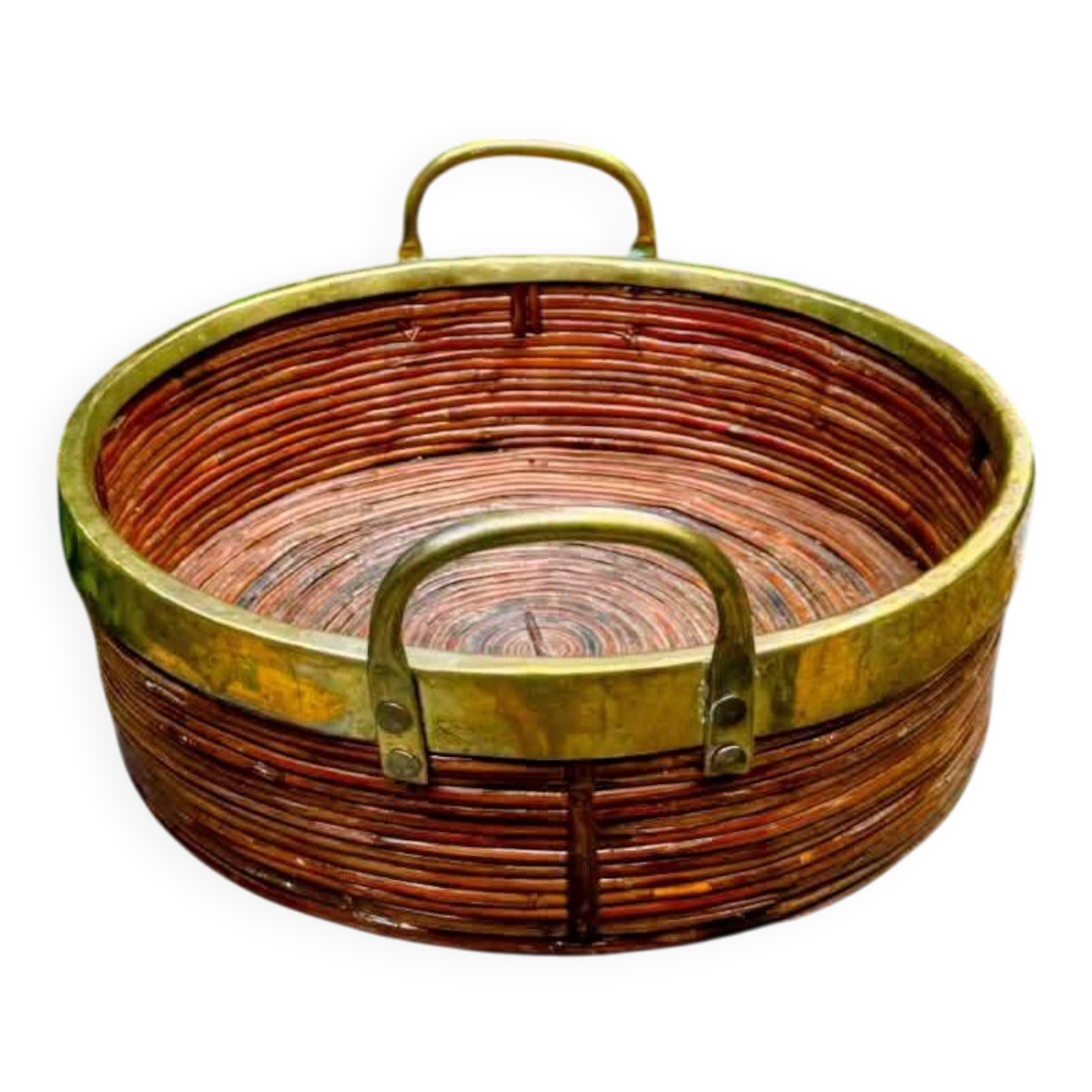 Gabriella Crespi vintage rattan and brass plateau from the 1960s.