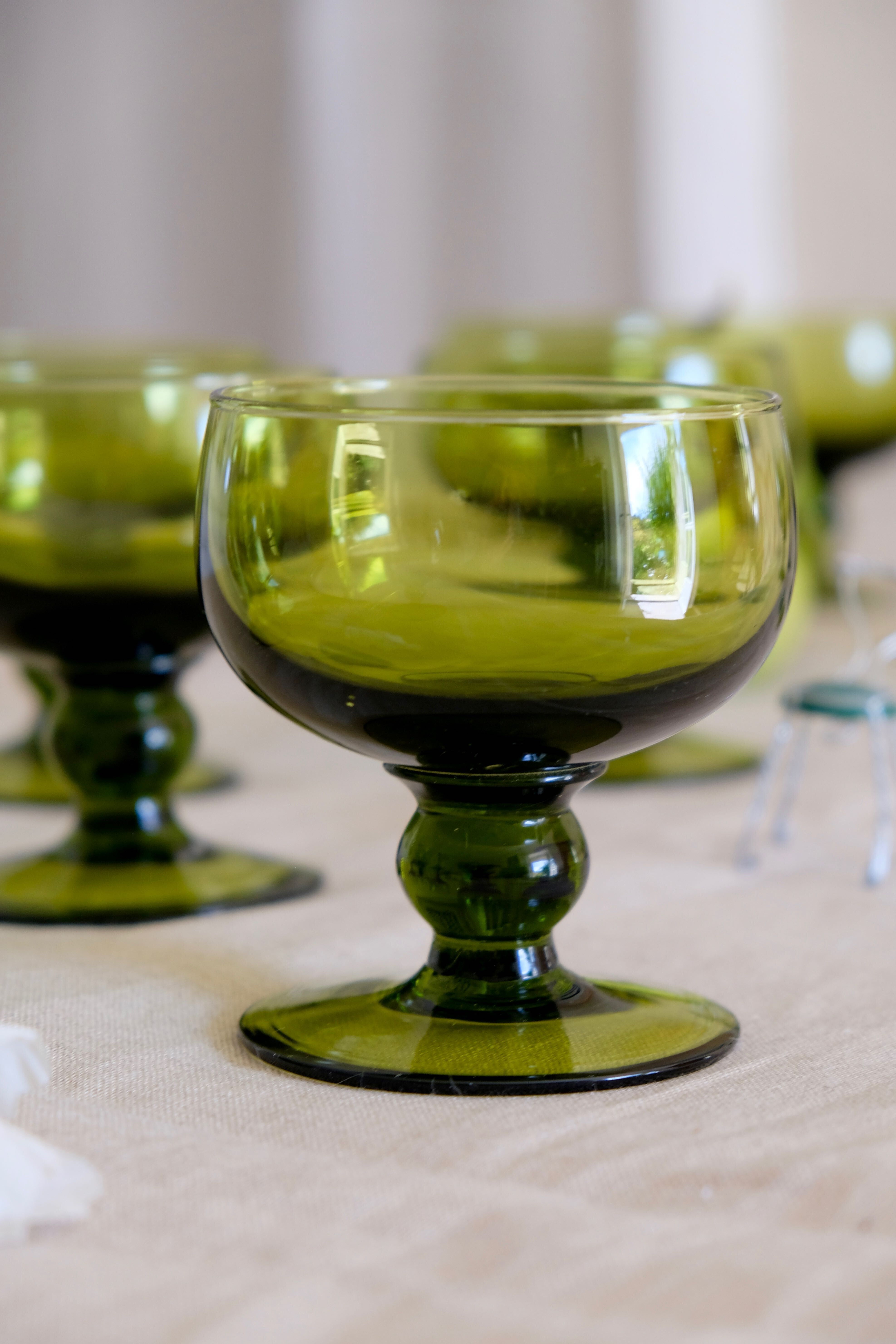 Set of 12 olive green wine glasses, mouth soufflé from the 50s