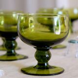 Set of 12 olive green wine glasses, mouth soufflé from the 50s