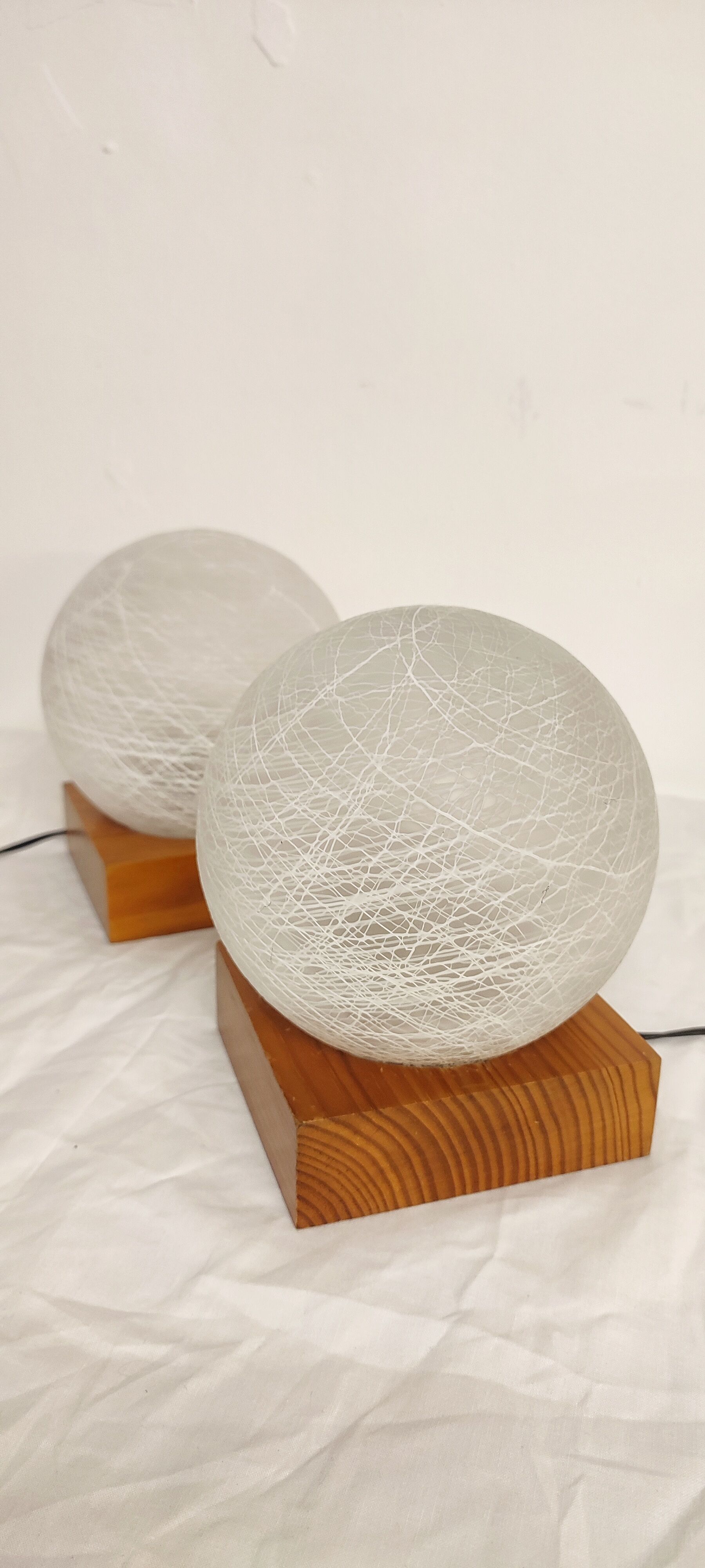 Pair of wooden and glass table lamps. Italy, 1970s.