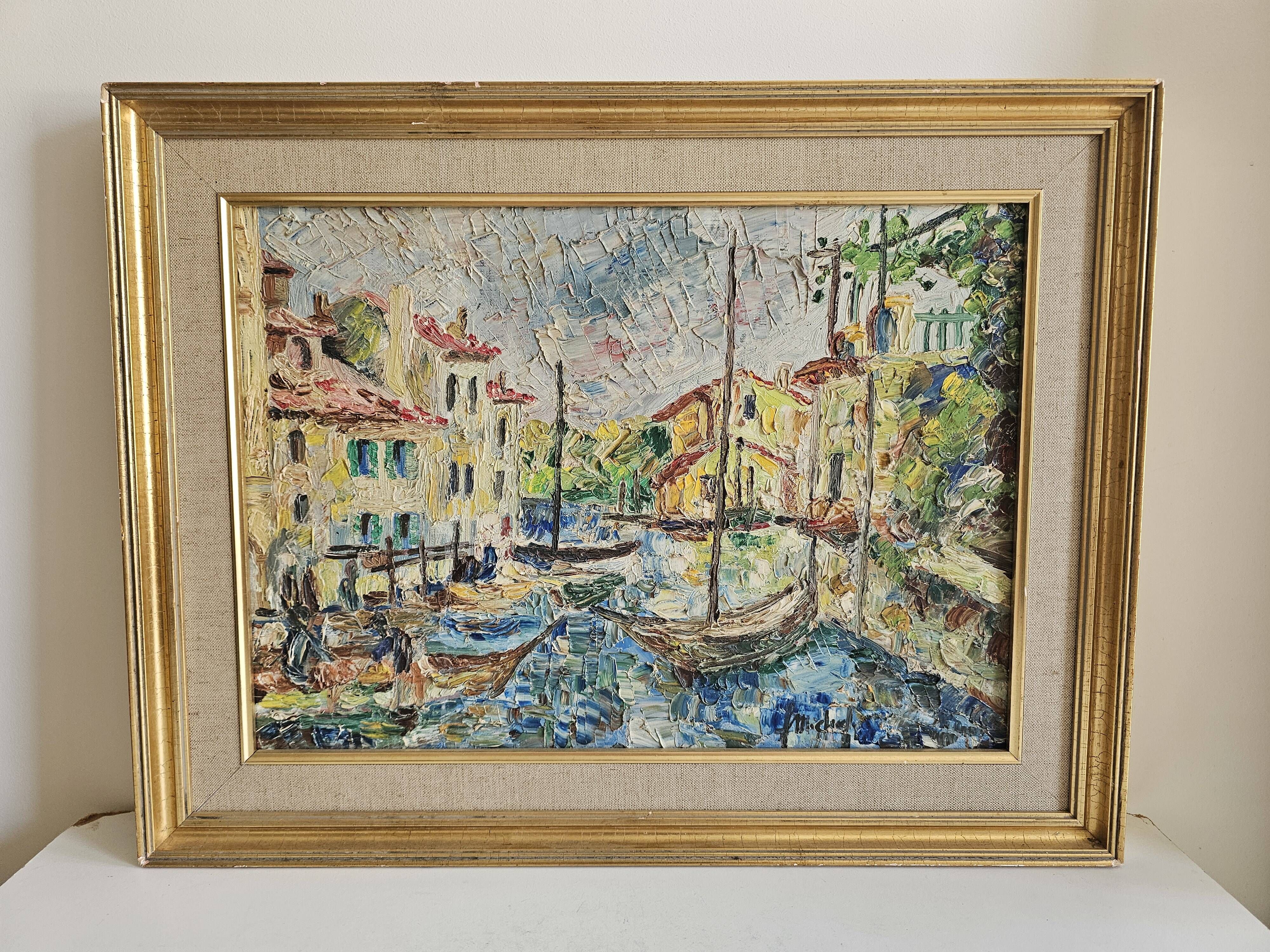 Oil painting on canvas Landscape - Port of Martigues signed Michel 1961