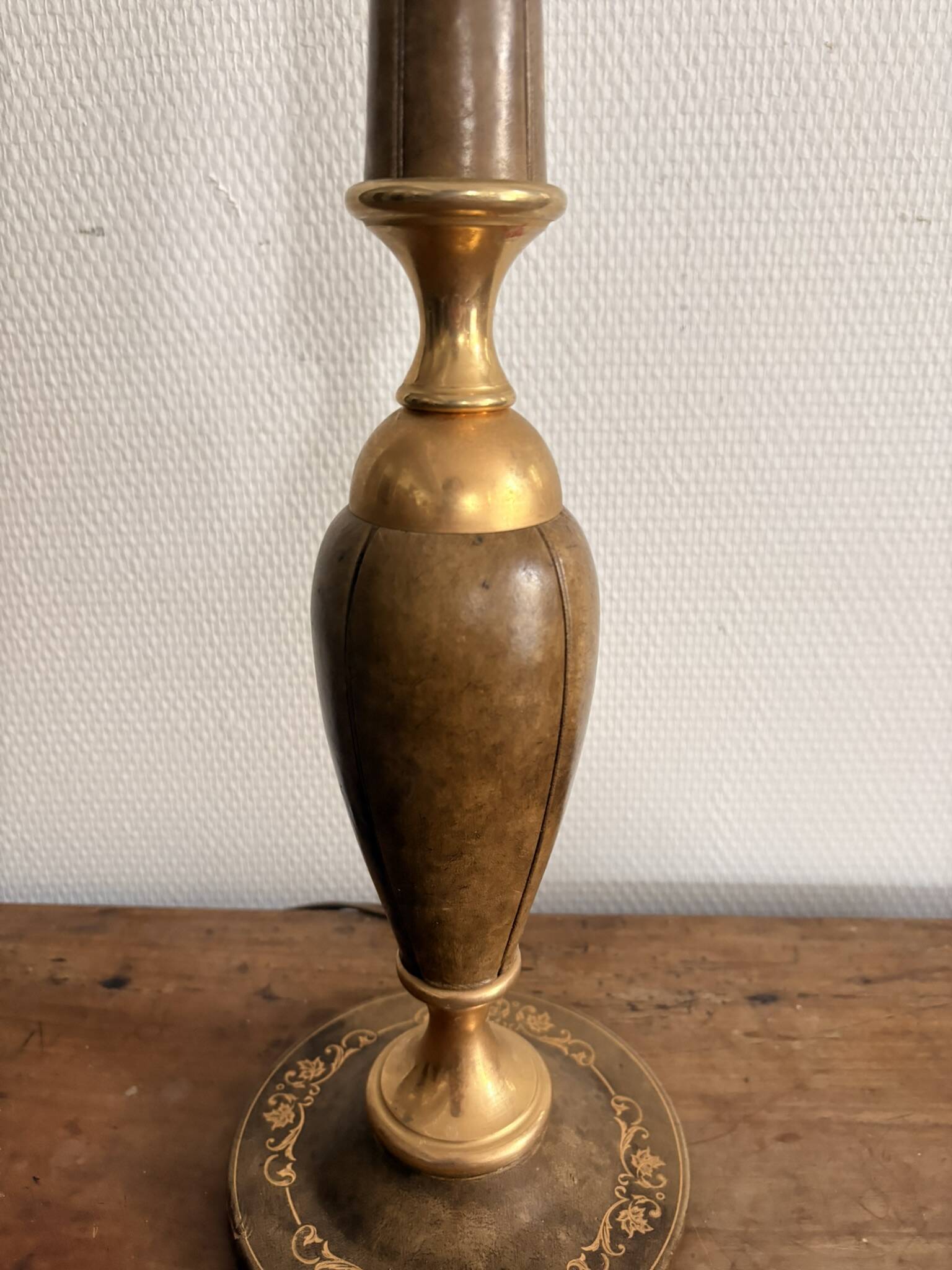 Ancien Pied Lampe Balustre Cuir Marron Gainé Dorure au Fer Année 50 70