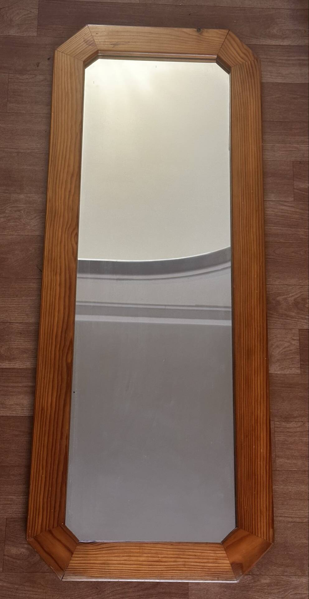 Large octagonal wall mirror in pine, 1970s – 103 × 40 cm