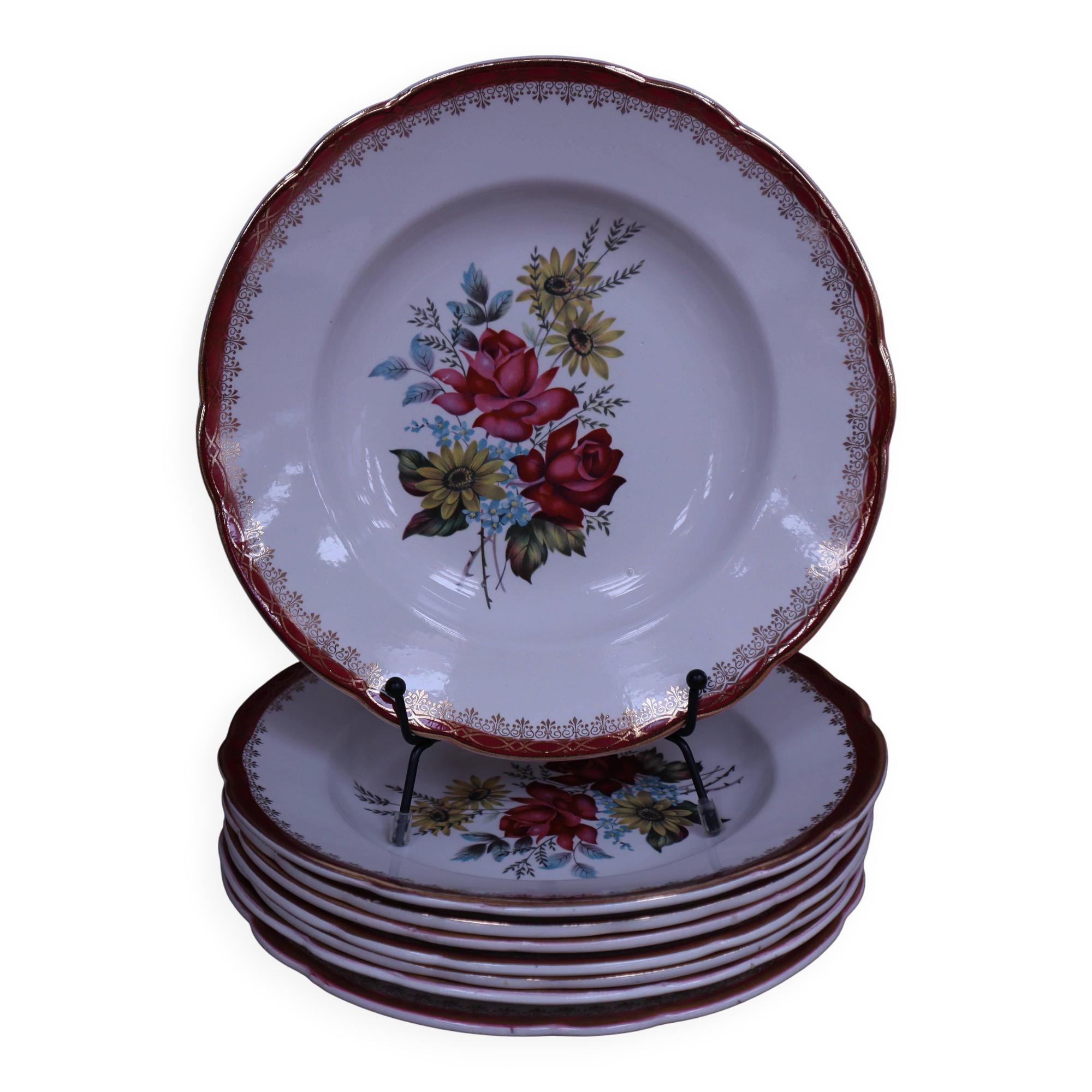 8 deep plates in half porcelain signed FB Floral decoration