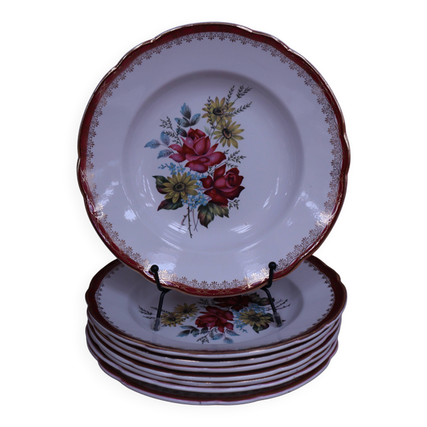 8 Assiettes creuse en demi porcelaine signée FB Décor floral