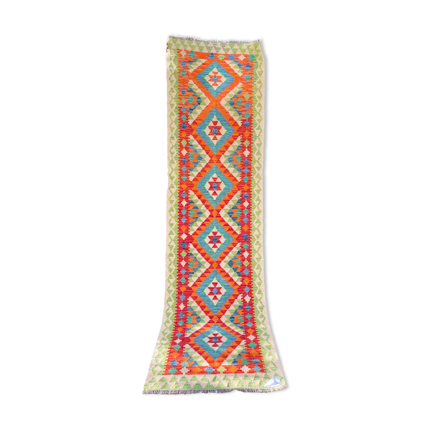 Tapis kilim afghan de couloir coloré vert rouge orange fait main en laine