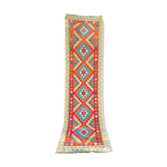 Handmade Colorful Corridor Kilim Carpet Red Red Orange Wool