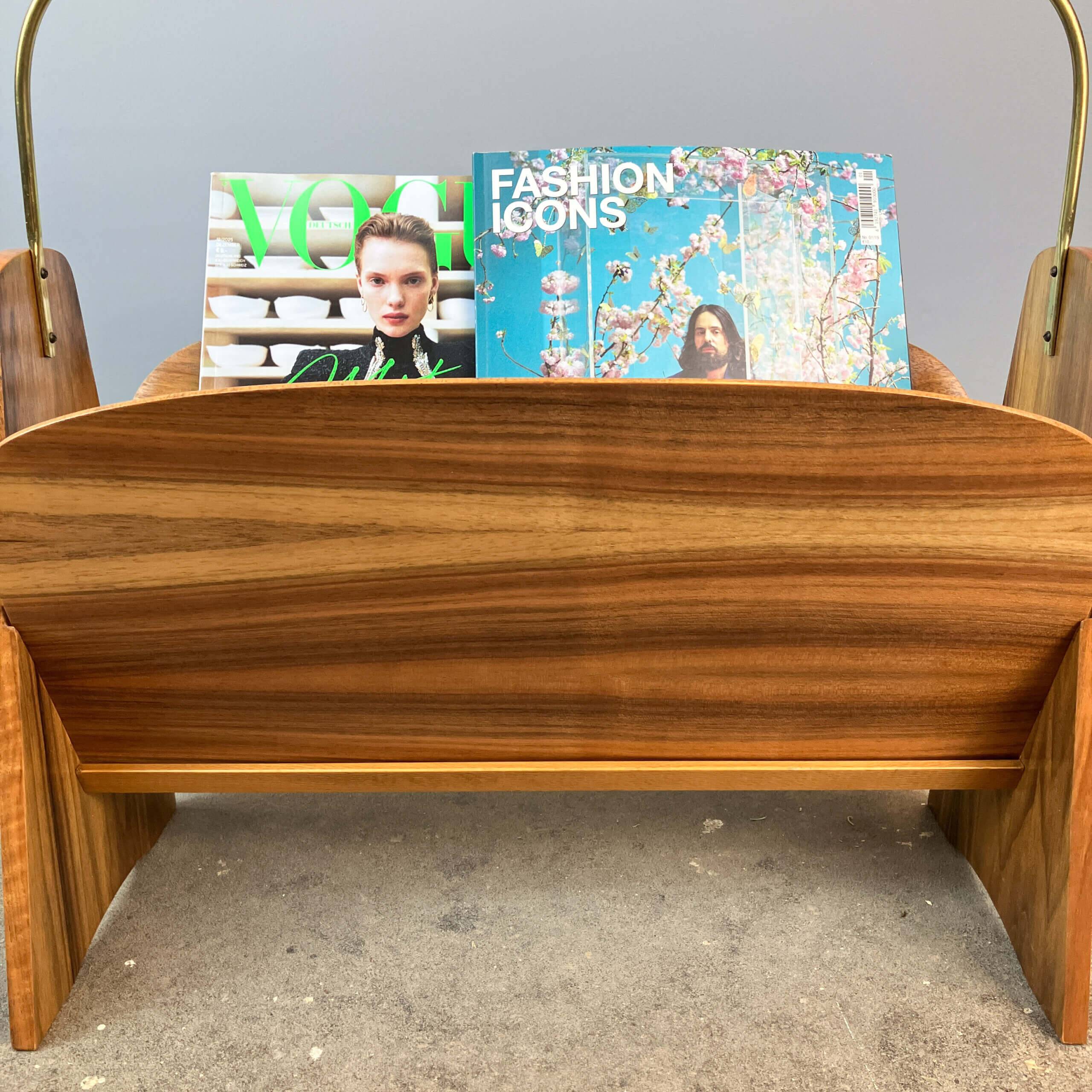Newspaper rack, walnut with brass, 1960s