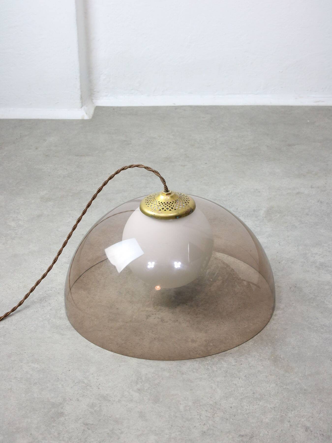 Space-age italian brass, opaline and plexiglass pendant lamp
