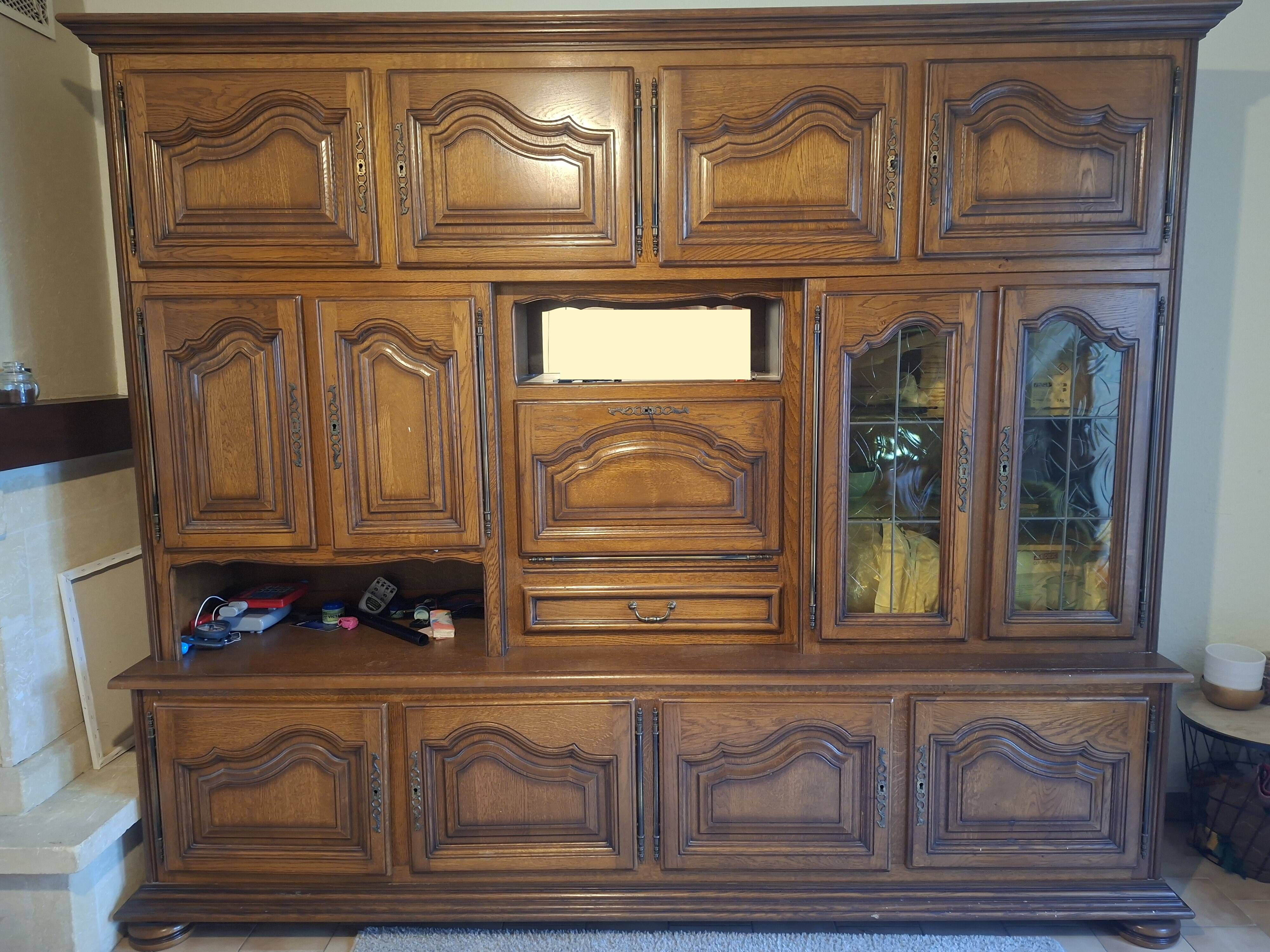 Large wooden sideboard, 4 glass doors and storage – 2 sections