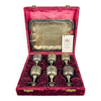 Antique English silver-plated glasses and tray, 1890s, set of 8.