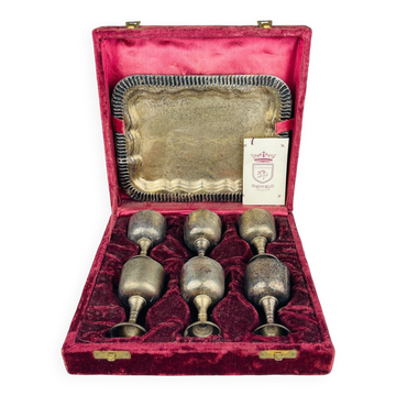 Antique English silver-plated glasses and tray, 1890s, set of 8.