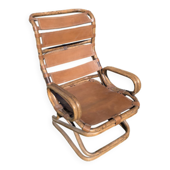 Tito Agnoli relax armchair in bamboo and leather