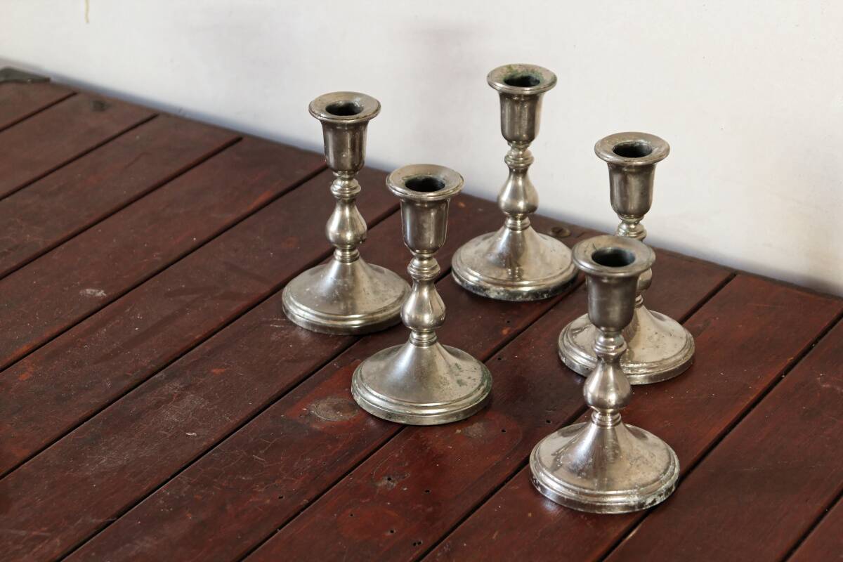 Set of 5 silver metal candle holders