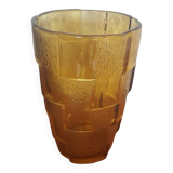 Ancien Vase Style Art Déco Verre Moulé Orange Vintage #A696