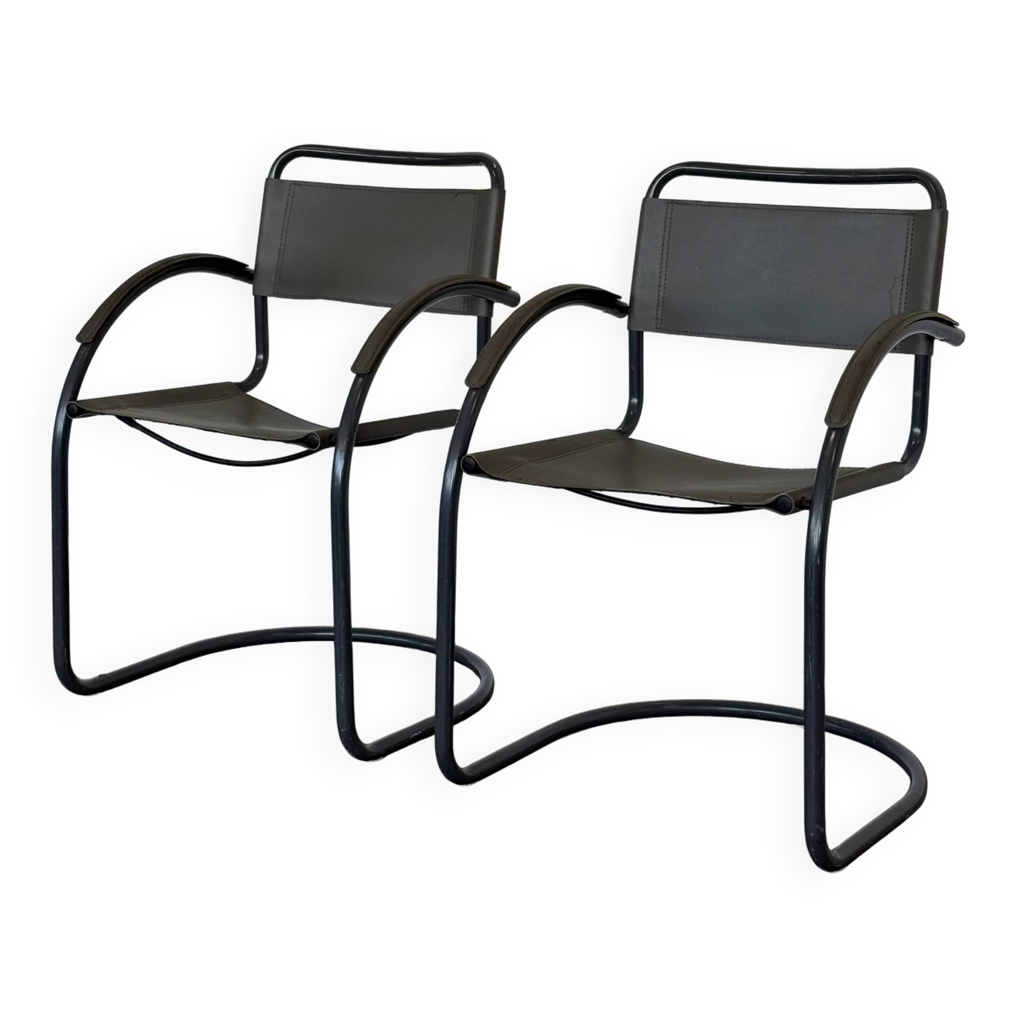 Vintage cantilever lounge chairs — pair, grey leather and tubular steel