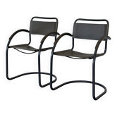 Chaises lounge cantilever vintage — paire, cuir gris et acier tubulaire