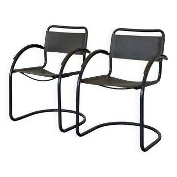Vintage cantilever lounge chairs — pair, grey leather and tubular steel