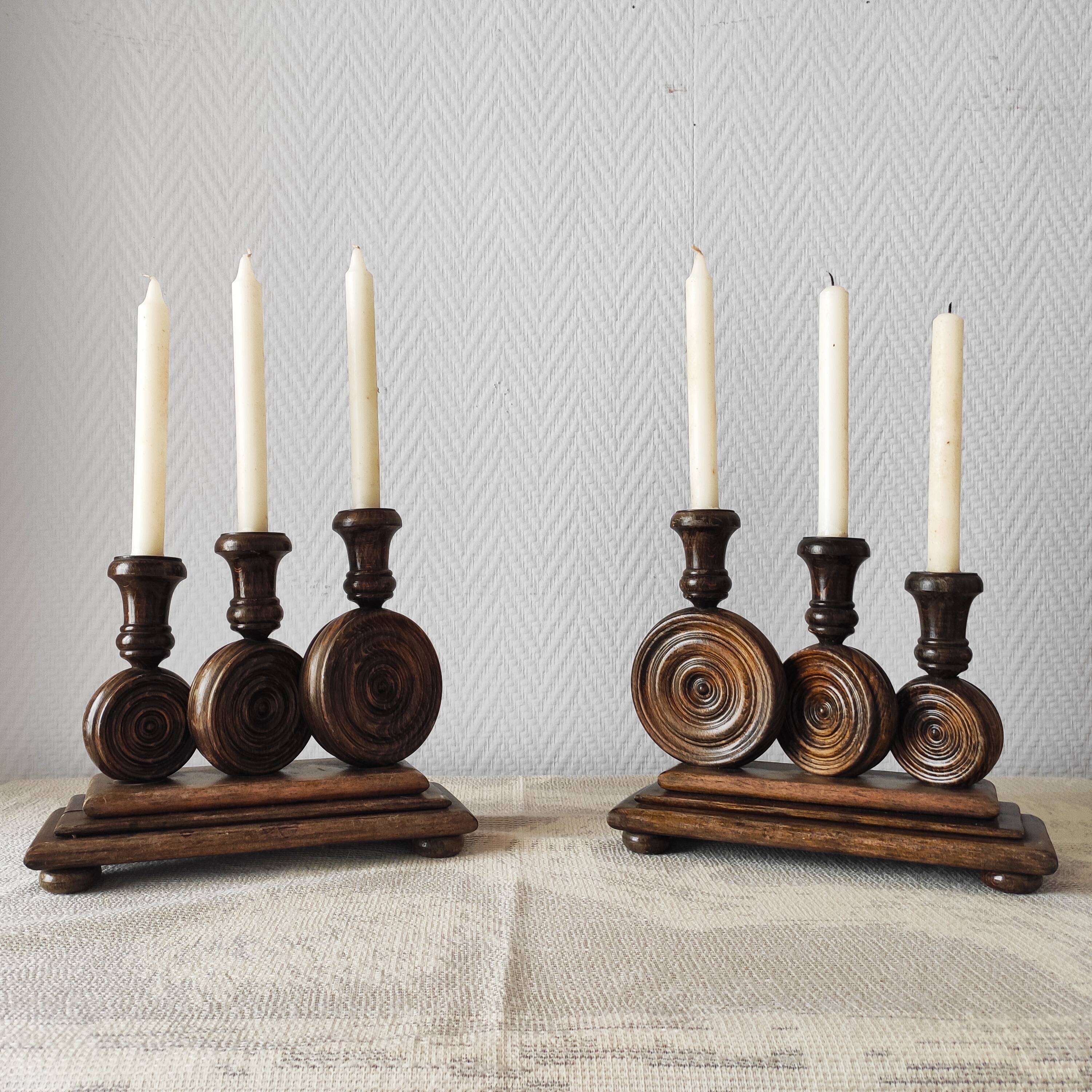 Brutalist turned wood candlestick holders – vintage 50s-60s