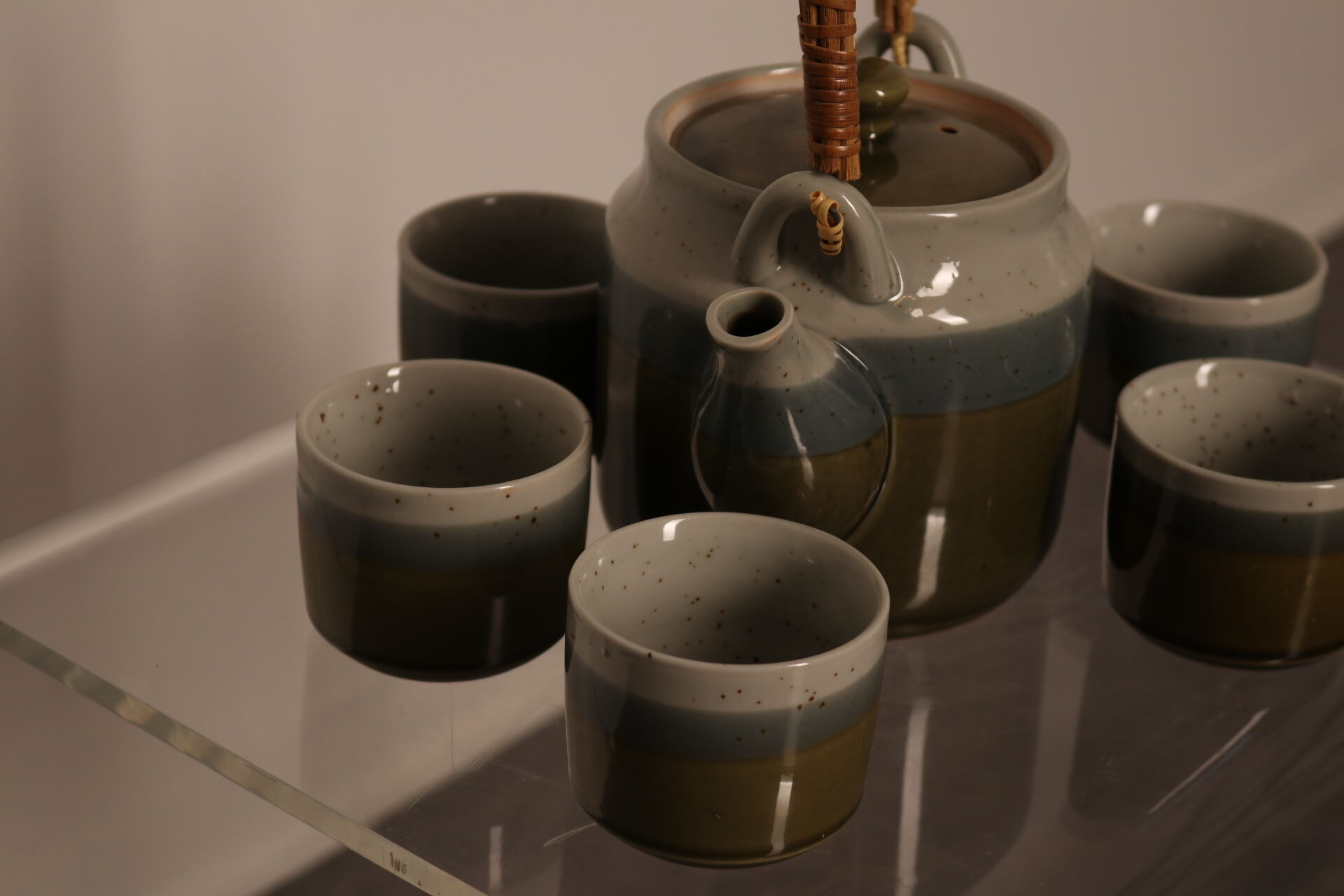 Hand-made ceramic tea set glazed in bleu-green tones, Belgium 1960