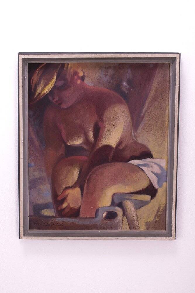 Femme se lavant, peinture à l'huile, encadrée