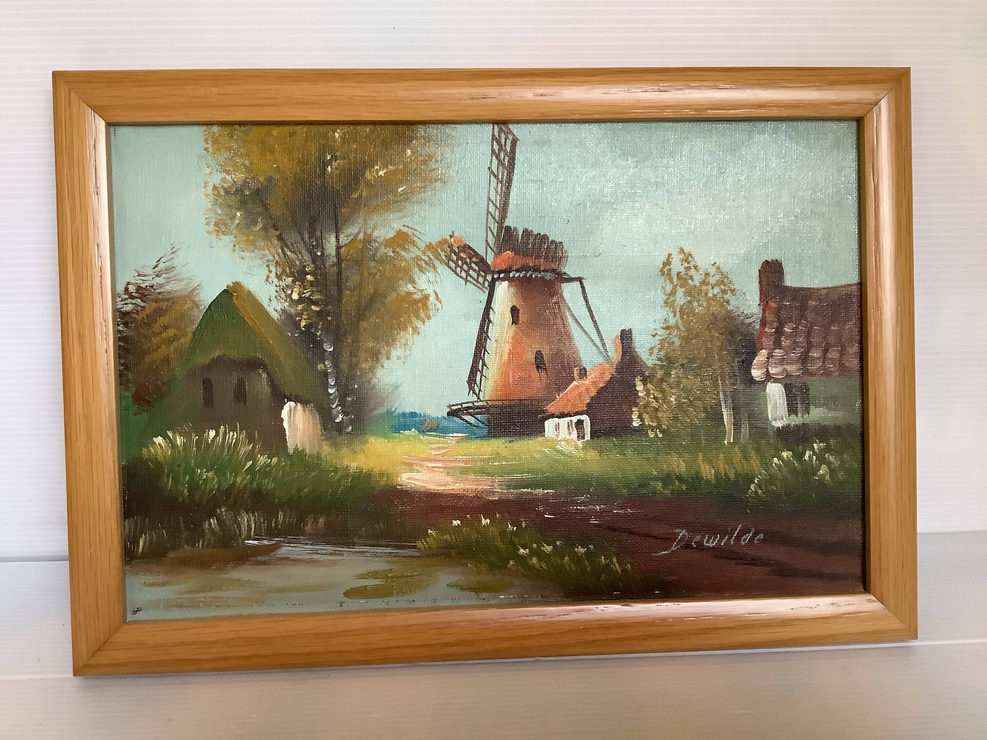 Small village painting with a mill, oil on canvas, signed.