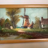 Small village painting with a mill, oil on canvas, signed.