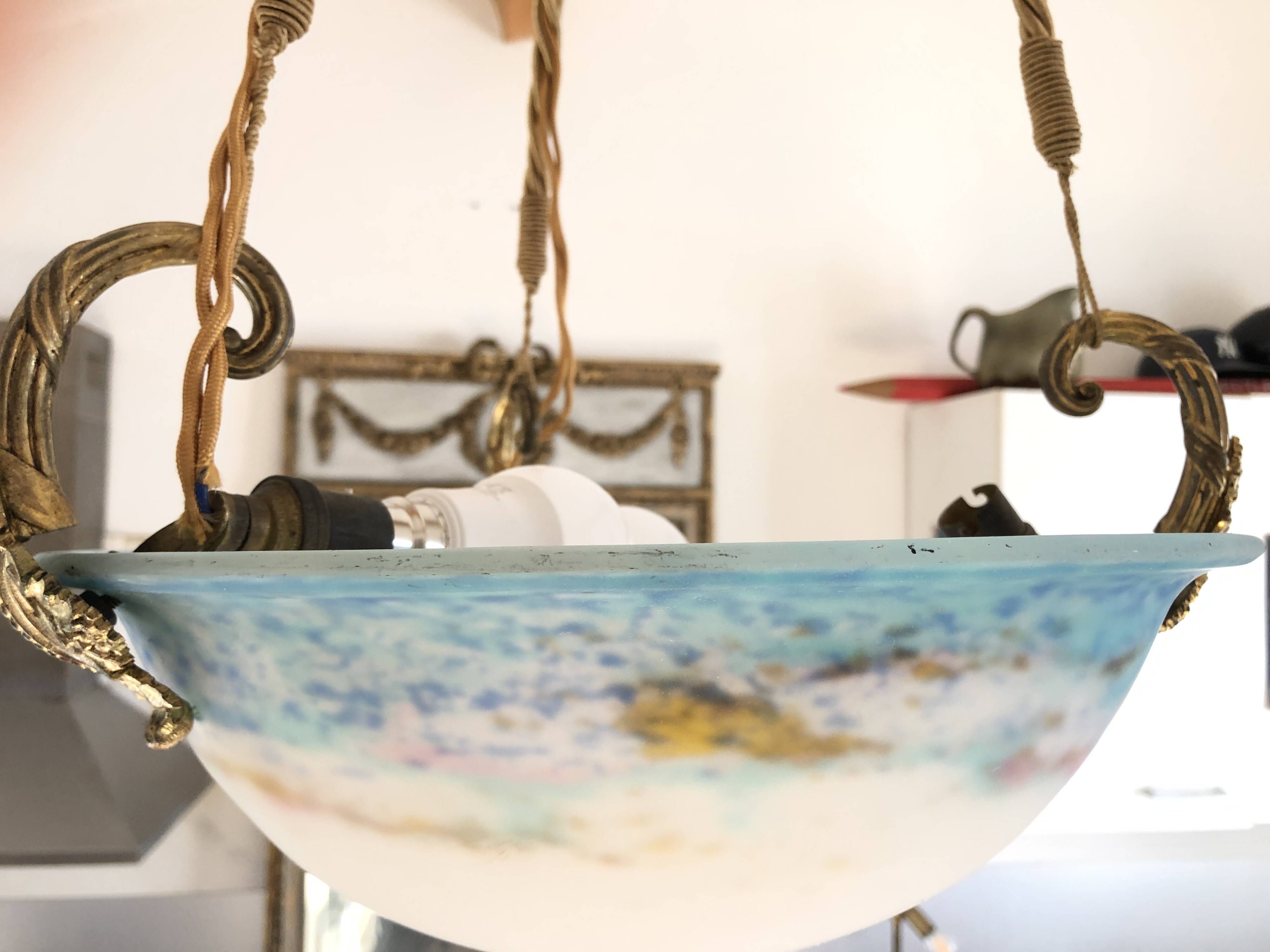 Suspension/Muller Glass Paste/Turquoise Blue & Bronze Frame/Art Nouveau