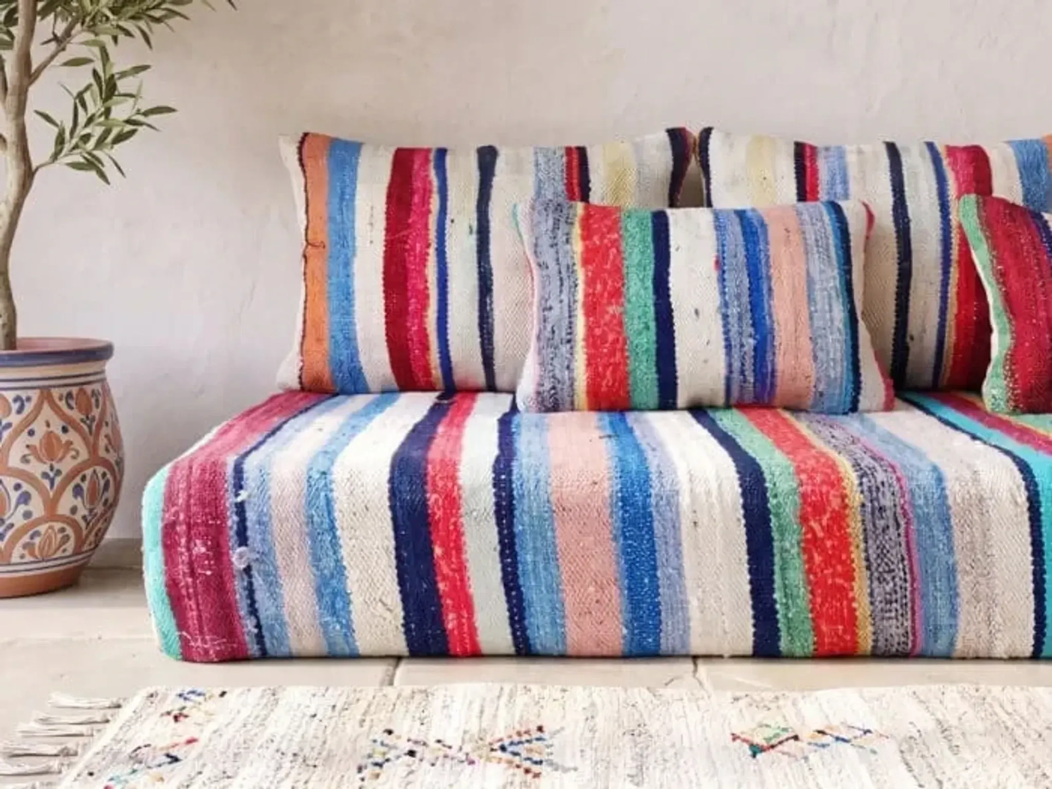 Multicoloured bohemian floor cushion – Handwoven striped recycled cotton