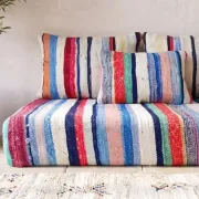 Multicoloured bohemian floor cushion – Handwoven striped recycled cotton