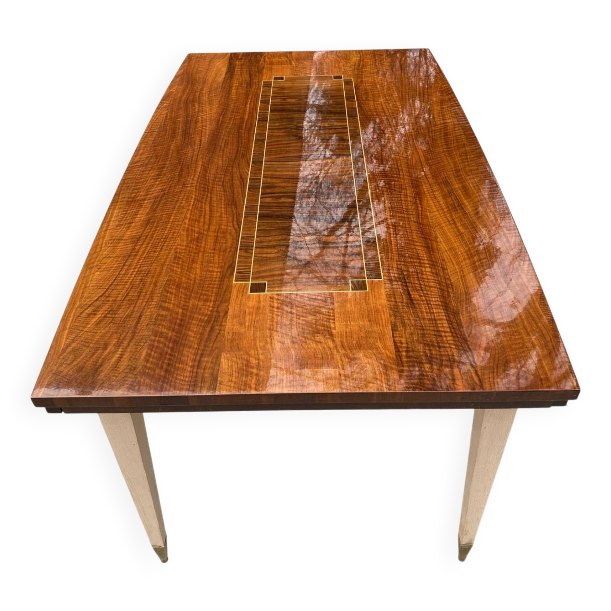 Scandinavian extendable dining table in wood and beautiful lacquered marquetry 230cm