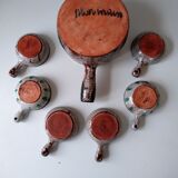 Vallauris fondue serving lot 1 large pot and 6 small pots décor thistle gray, blue, green