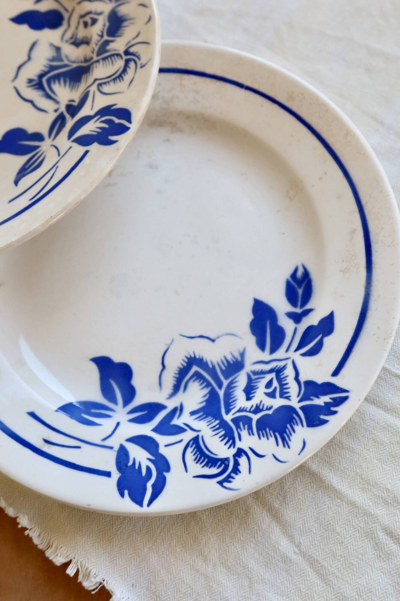 4 vintage ironstone dessert plates Digoin Sarreguemines Hubert blue