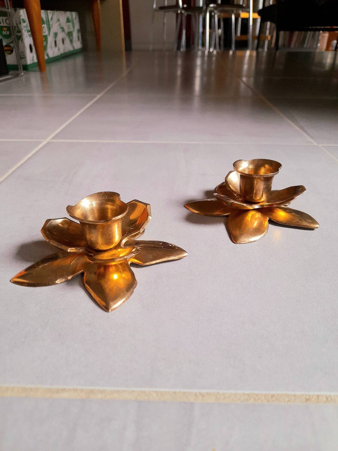 Brass flower candlesticks, 1970.