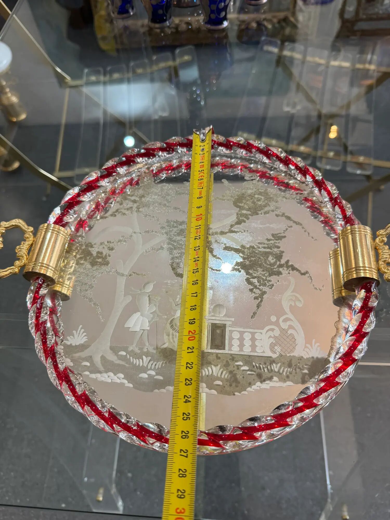 Engraved mirror plateau with twisted red and white glass border, Murano / Venice (c. 1940–1950)