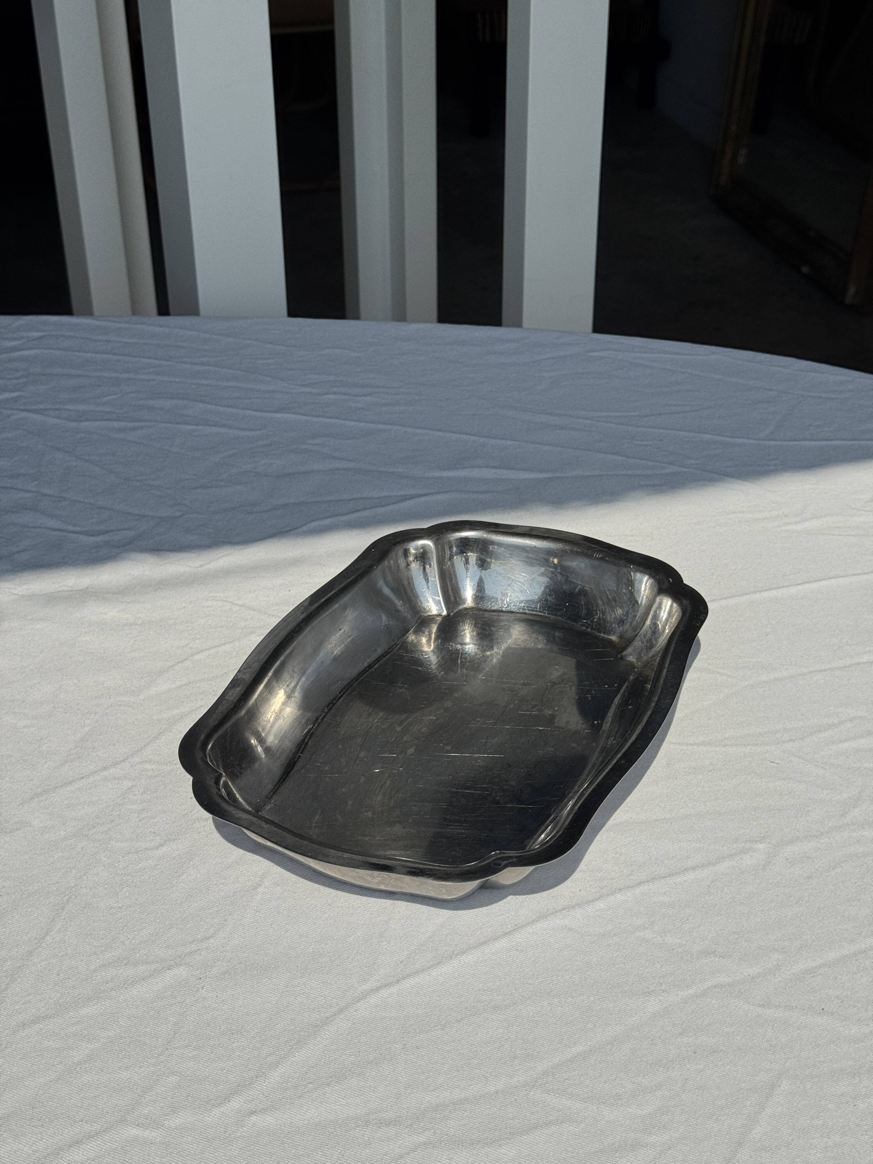 Silver metal serving dish oval rectangular high edges 30.5 x 21