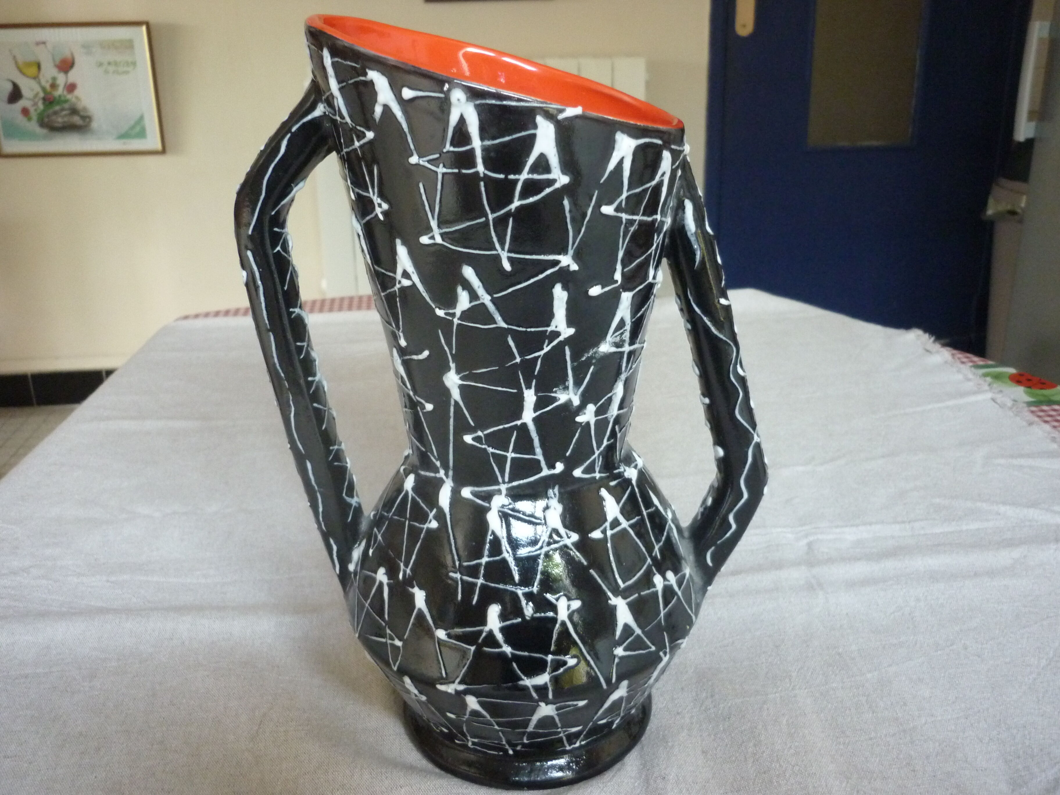 Vintage dark streaked white interior red vase