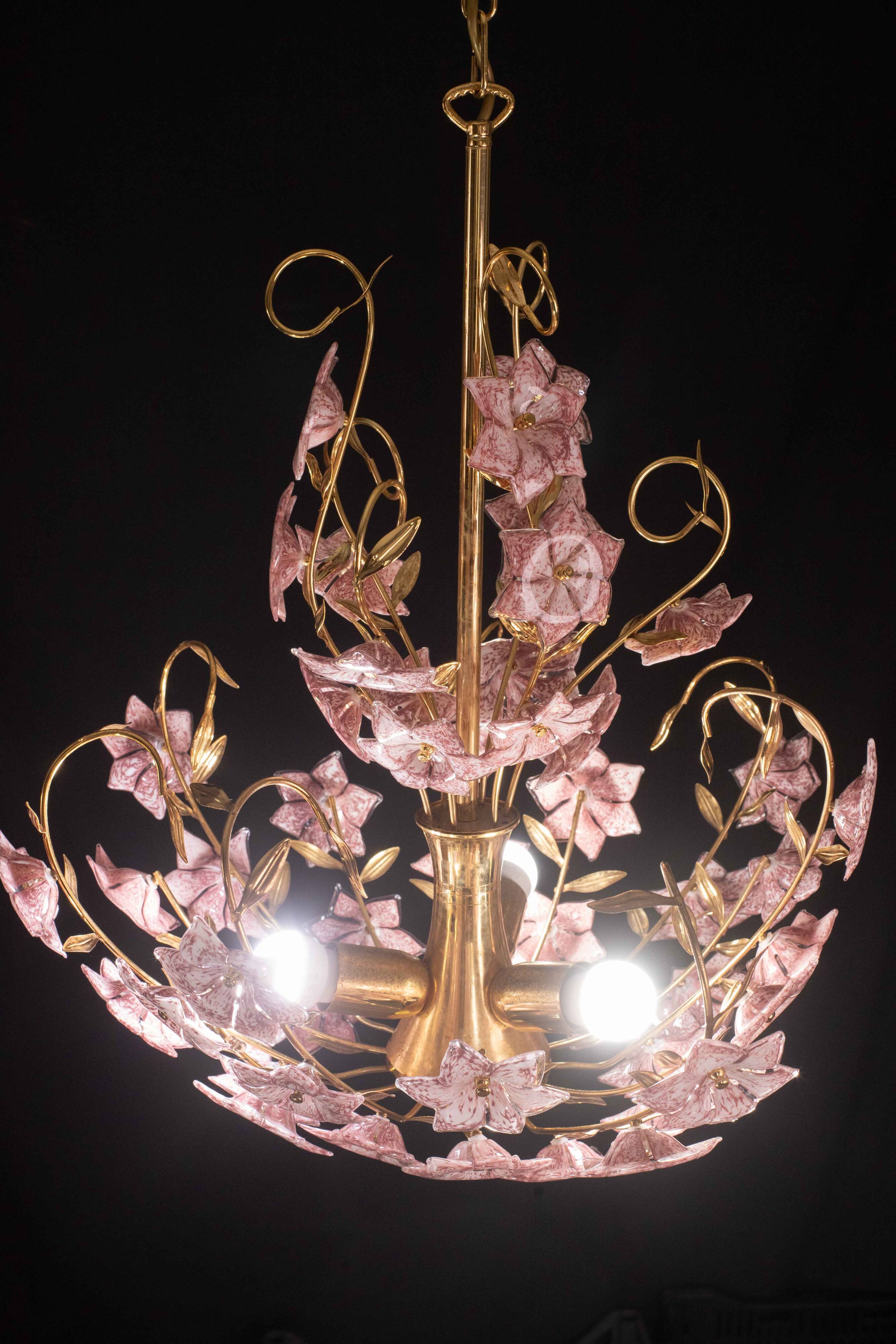 Vintage Murano Glass Chandelier Pink Flowers, 1970