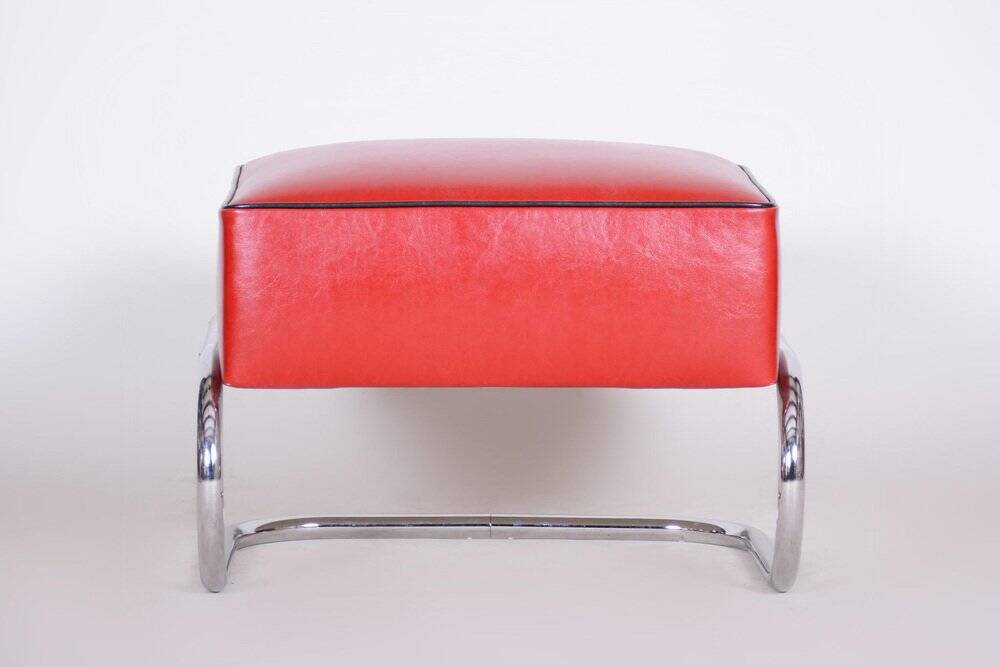 Modern Tubular Stool in Red Leather and Chrome-Plated Steel from Slezák, 1930s