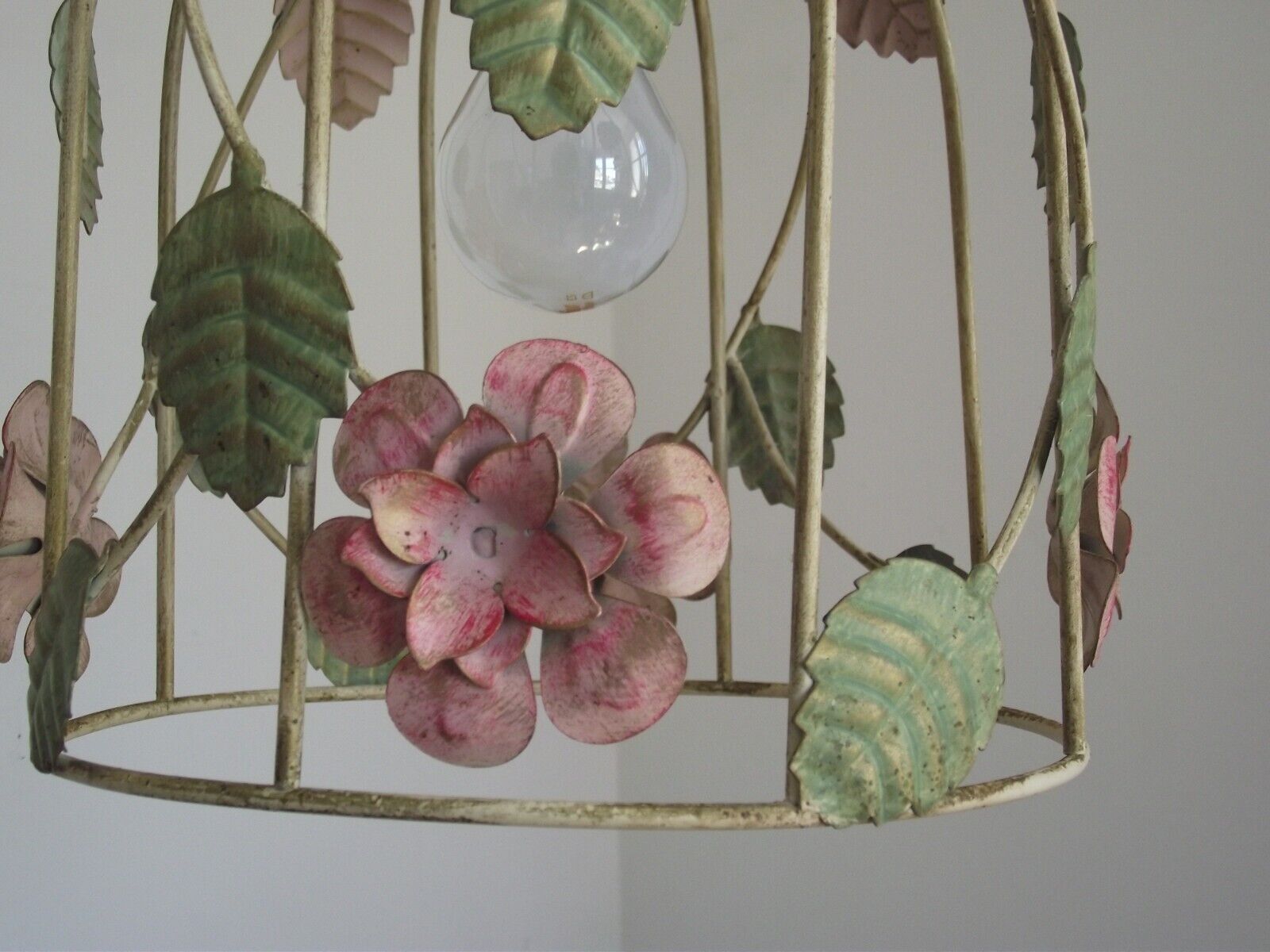 French vintage single bulb Toleware cage light with pink and green flowers