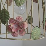 French vintage single bulb Toleware cage light with pink and green flowers