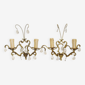 Wall light pair bronze beveled crystal pendants suspension