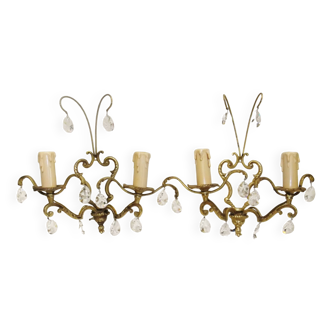 Wall light pair bronze beveled crystal pendants suspension